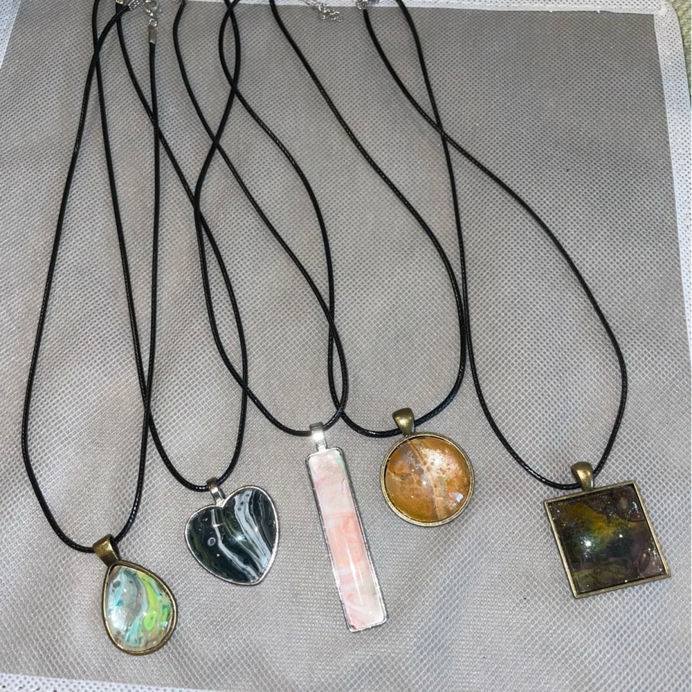 Handmade Acrylic Poured Paint Pendant with Black Cord Necklace 16”- Set of 5 - Picture 2 of 2